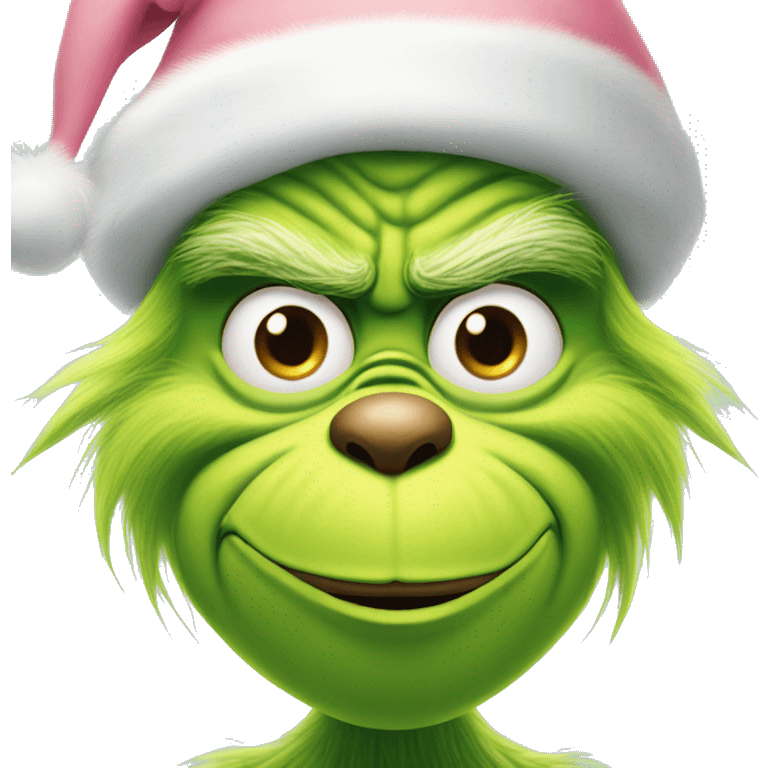 grinch face with a smirk wearing a light pink santa hat emoji