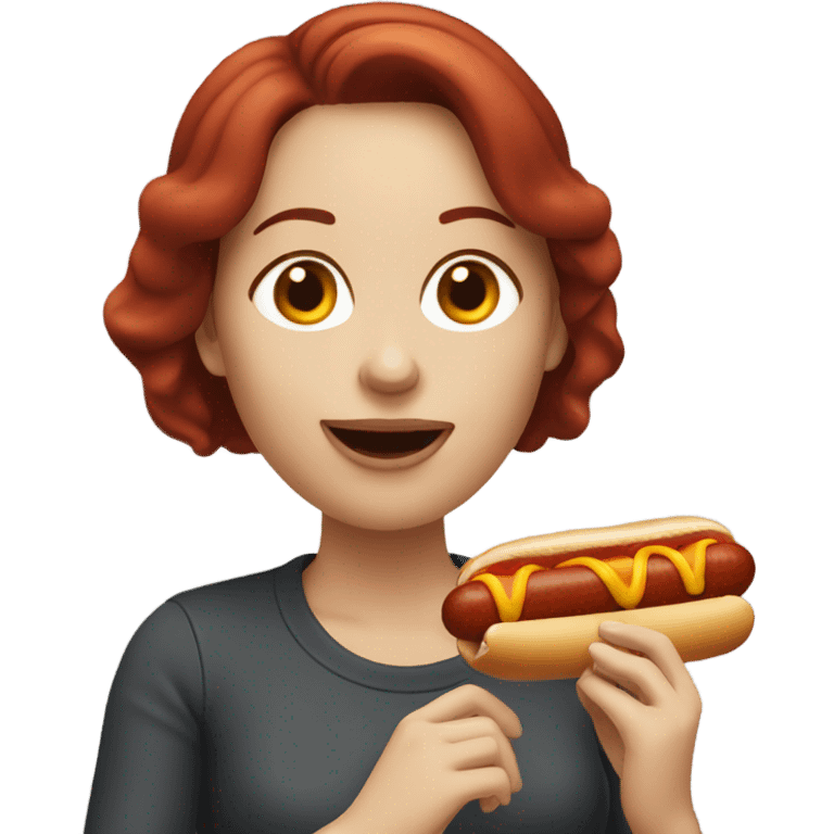 White woman with dark red hair eating hotdog emoji