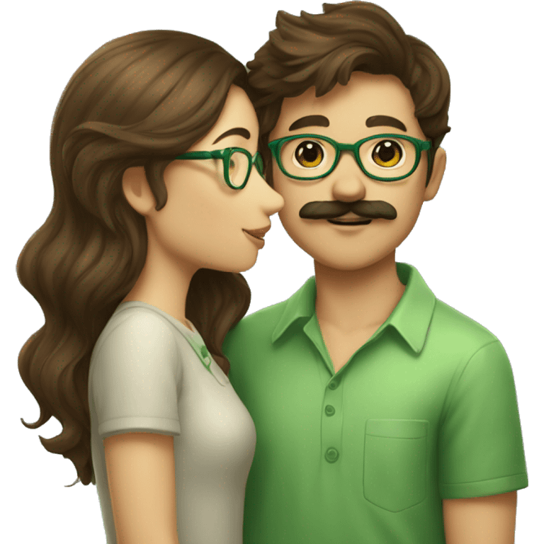 A boy with brown hair and a mustache is kissing a girl wearing glasses and her hair is green emoji