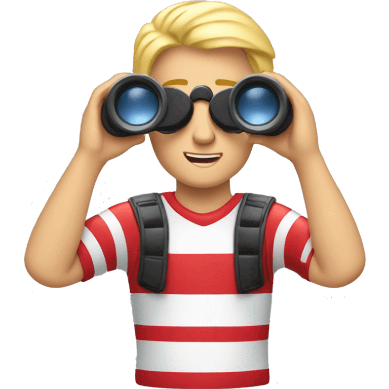 Blond Man with red and white sports shirt making binoculars expression with hands emoji