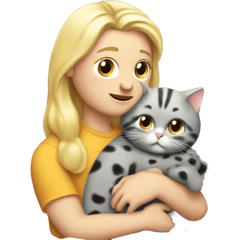 3 objects - a beautiful blonde with long hair and a polka-dotted dress, a bald handsome man in a cap and a rock T-shirt and a fat gray cat with black spots. The man hugs the blonde and holds the cat in his hands emoji