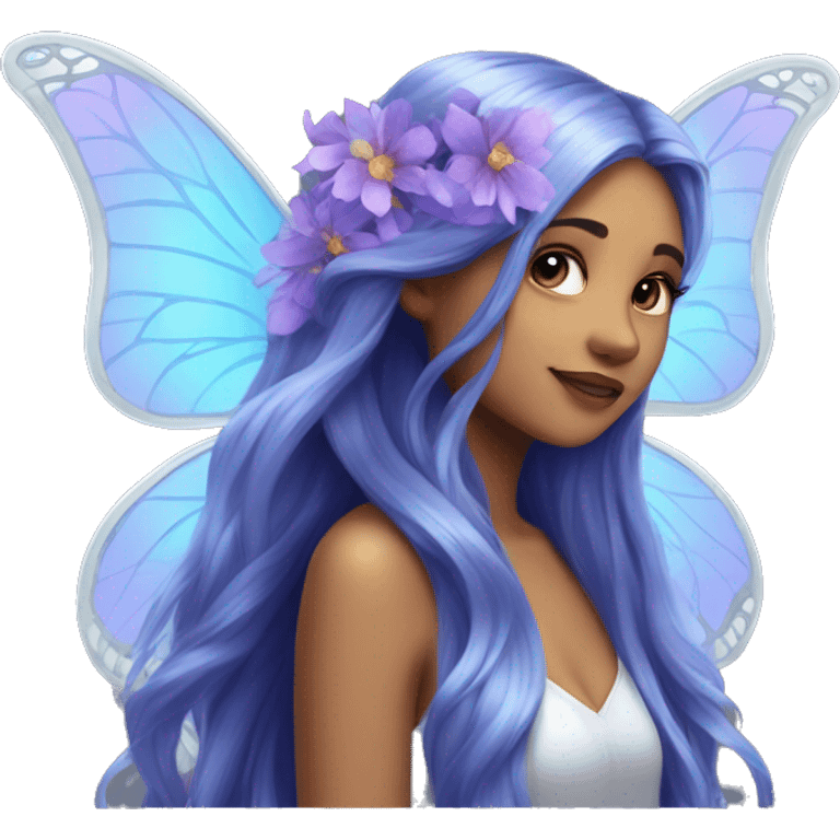 Beautiful, flower, fairy, blue, silver, purple, long hair, big butterfly wings emoji