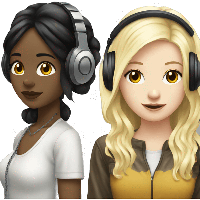 Two pale skin Girls dj with headphones one black hair one blonde hair  emoji