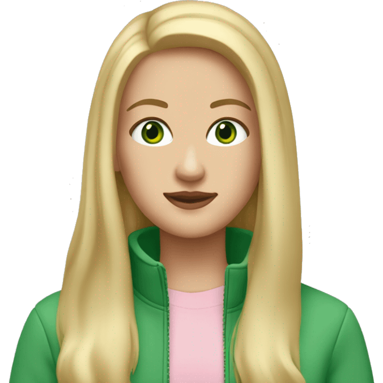 white girl with green eyes and long blonde hair with a light pink quarter zip up jacket emoji