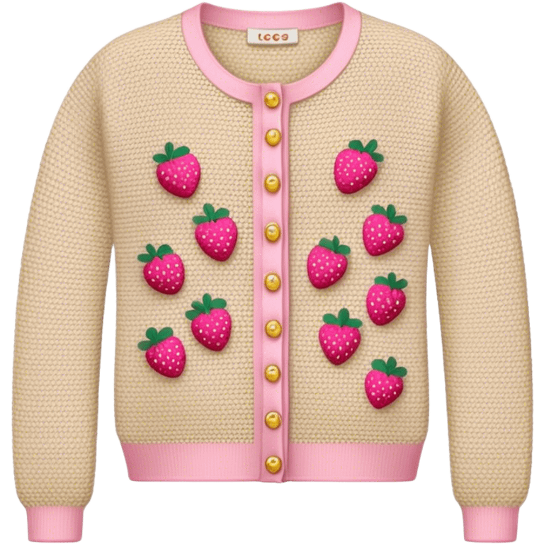 beige crocheted cardigan embroidered with small pink strawberries emoji