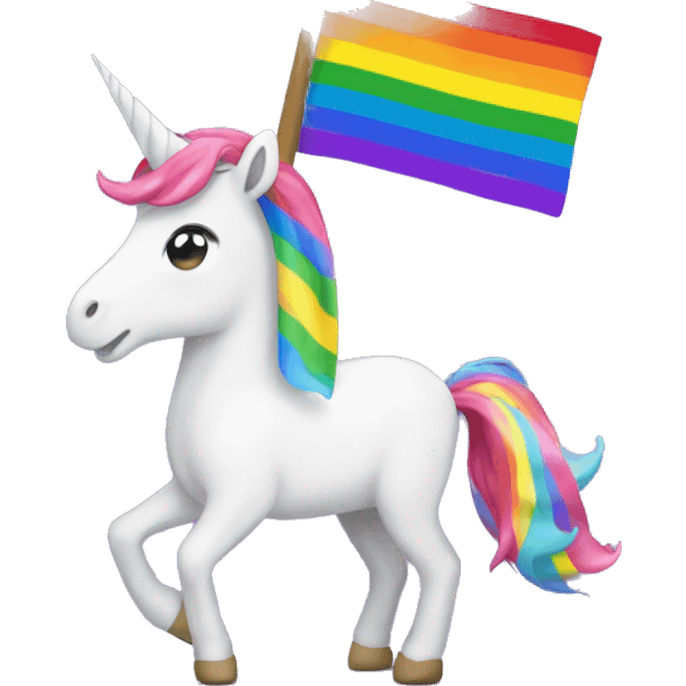 Rainbow unicorn wit a pride flag sattel emoji