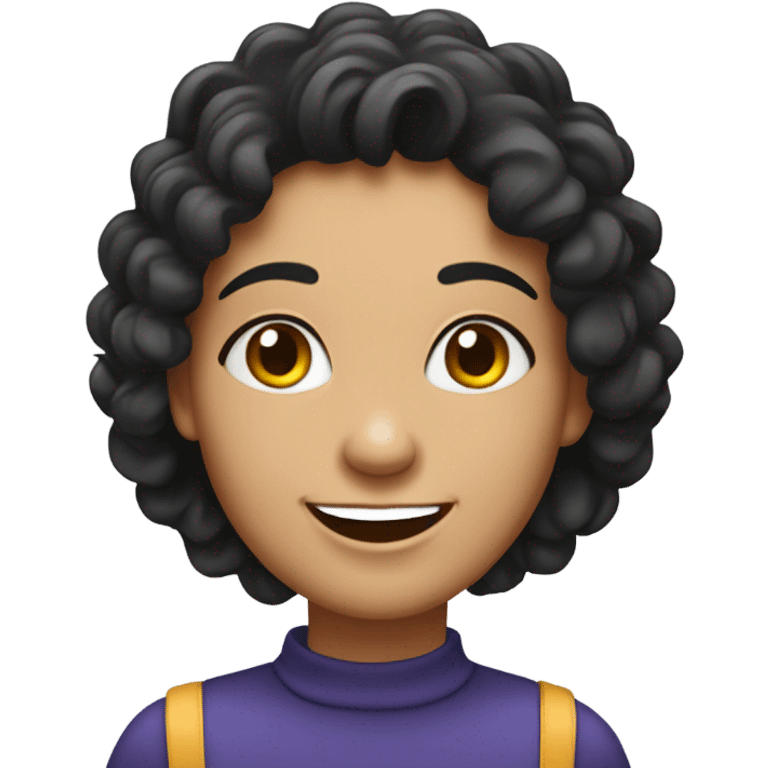 Create a cartoon-style emoji of a smiling woman with curly black hair, bright eyes, and a cheerful expression. Simplify features into a vibrant and friendly emoji design with a focus on the face and hair emoji