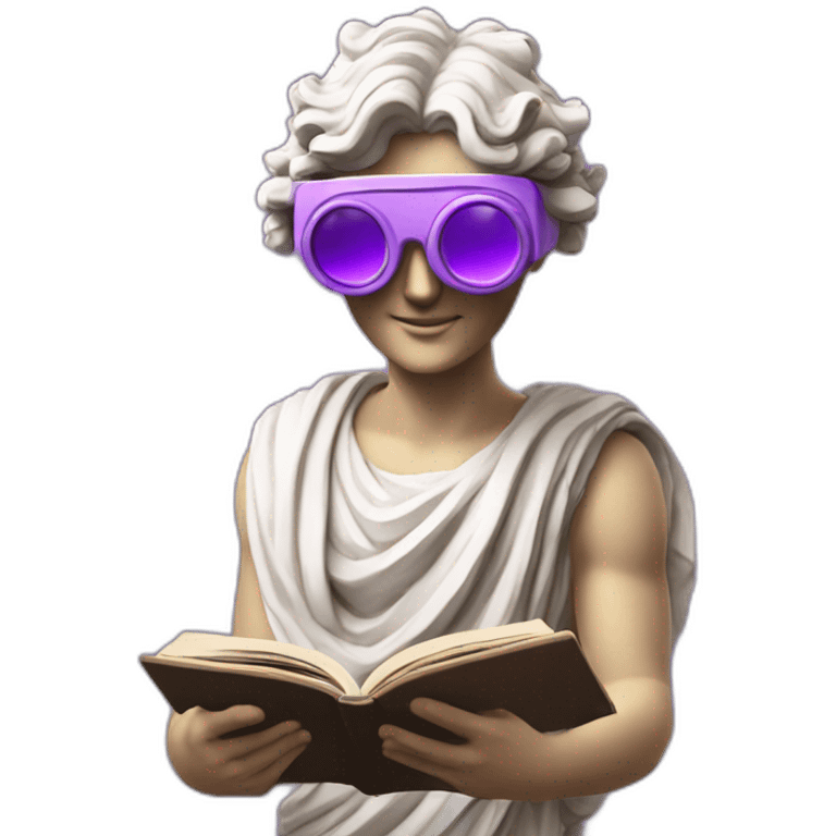 an EMOJI OF A ancient young greek statue reading a book, wearing VR glasses, purple colors, DIGITAL UNIVERSE emoji