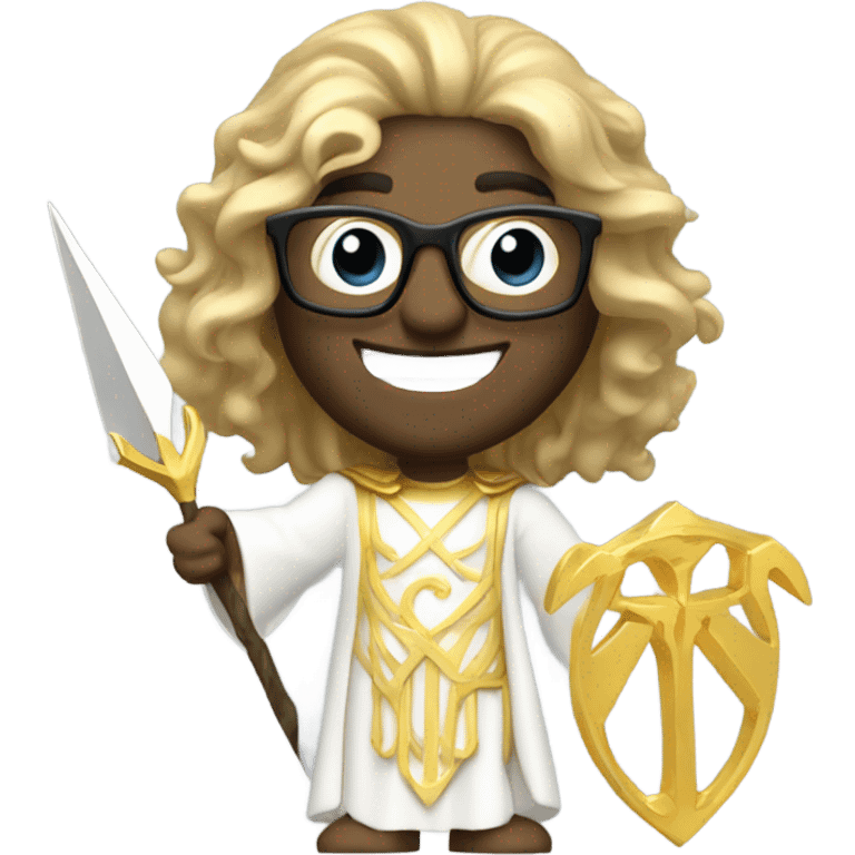 white Poseidon with gold Trident and nerd glasses. long hair white dress. smile . wink. profil position pointing  emoji