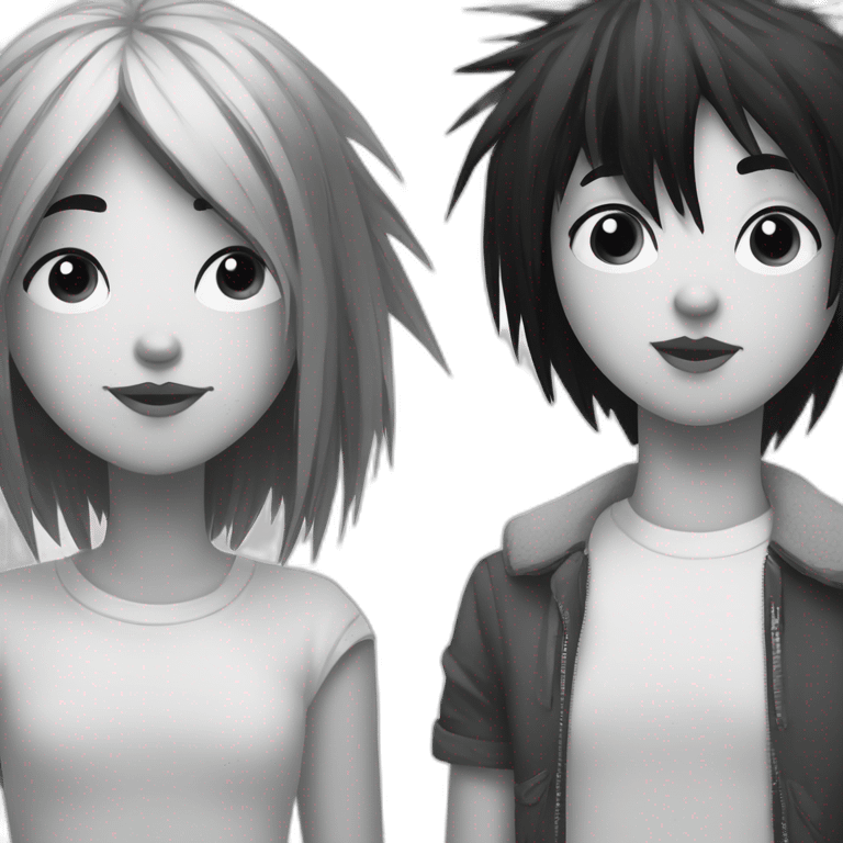 a dog and a dark-haired girl with spiky hair looking at each other in style of ((sarah andersen)), black and white emoji