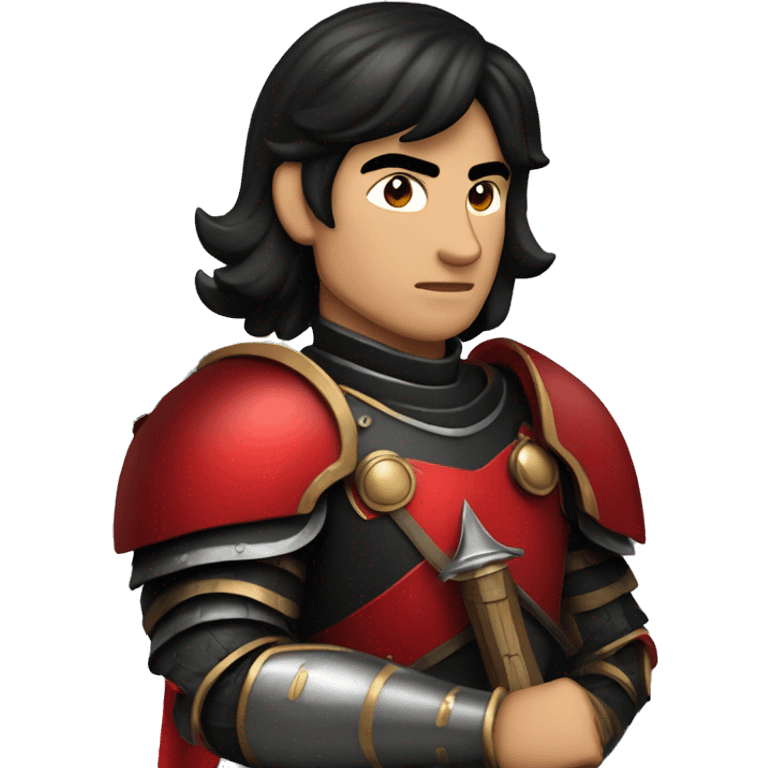 Vintage Tanned man with black hair and stern face wearing red and black armour holding sword vintage emoji