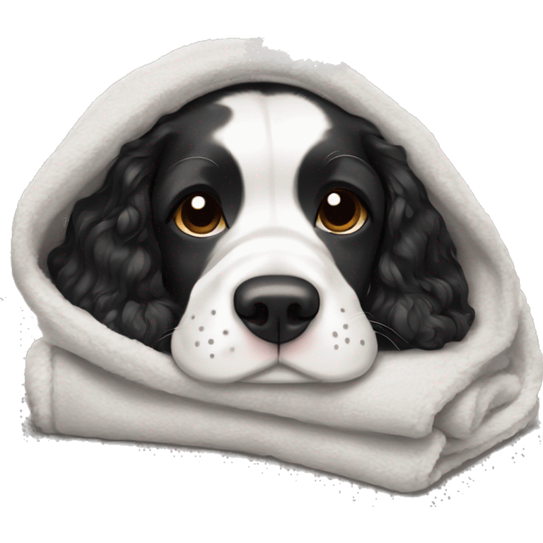 Black and white Dog Springer spaniel sleeping in blanket cozy emoji