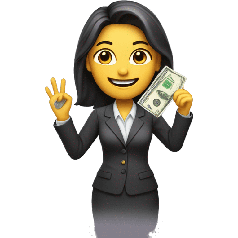 business woman with a piece of paper in the right hand and money in the left. Holding hands up and smiling. emoji