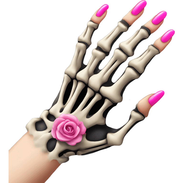 Pretty skeleton hand 5 fingers with pink nails manicure girly design but stylish minimalistic emoji