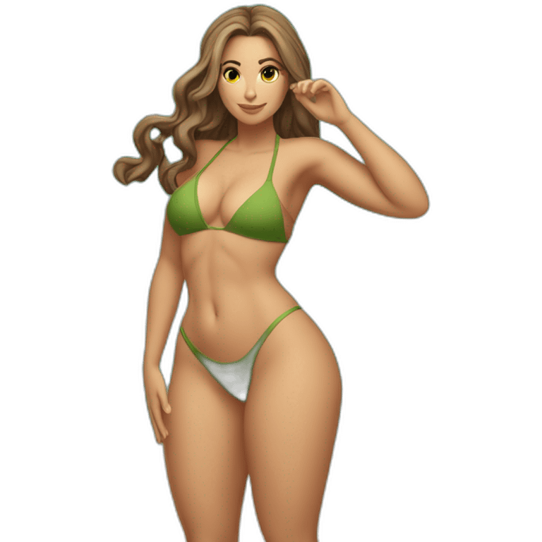 Slim-thicc Caucasian woman bikini hands-in-hair pose (beach body) full body emoji