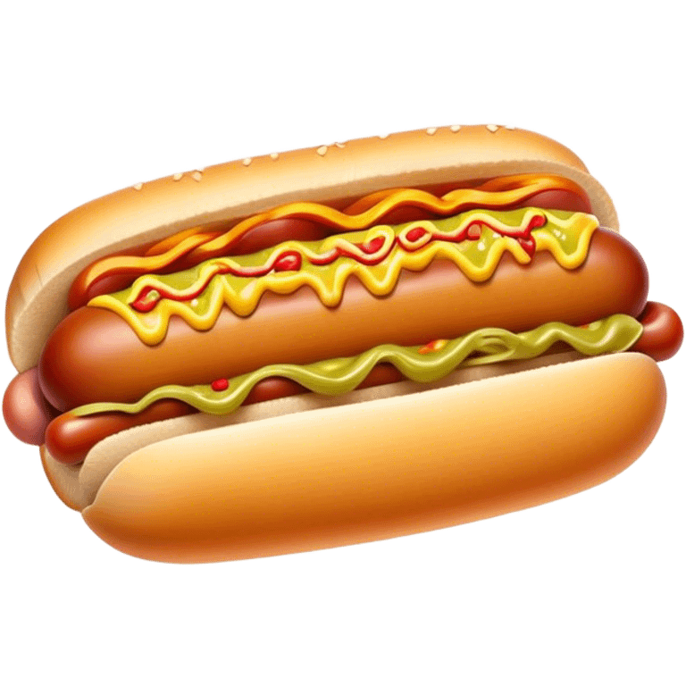 Cinematic Realistic Hot Dog Dish Emoji, featuring a classic hot dog in a bun topped with mustard and relish rendered with crisp textures and vibrant, dynamic lighting. emoji