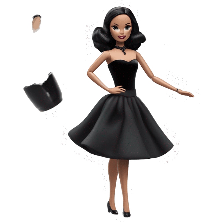  Bunny Wednesday Addams Barbie dancing.  Longer hair, short black flowing strapless evening gown with  plunging neckline that’s off-the-shoulders that also shows her legs and black shiny velvet high heel shoes. emoji