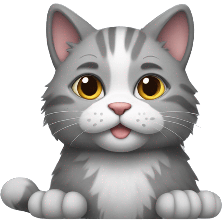 A cat with grey fur, white fur under his Face, showing a heart by his paws  emoji