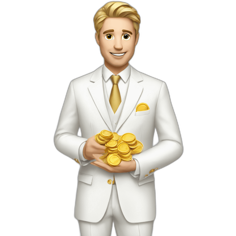 Posh-man-with-white-suit-holding-golden-coins emoji