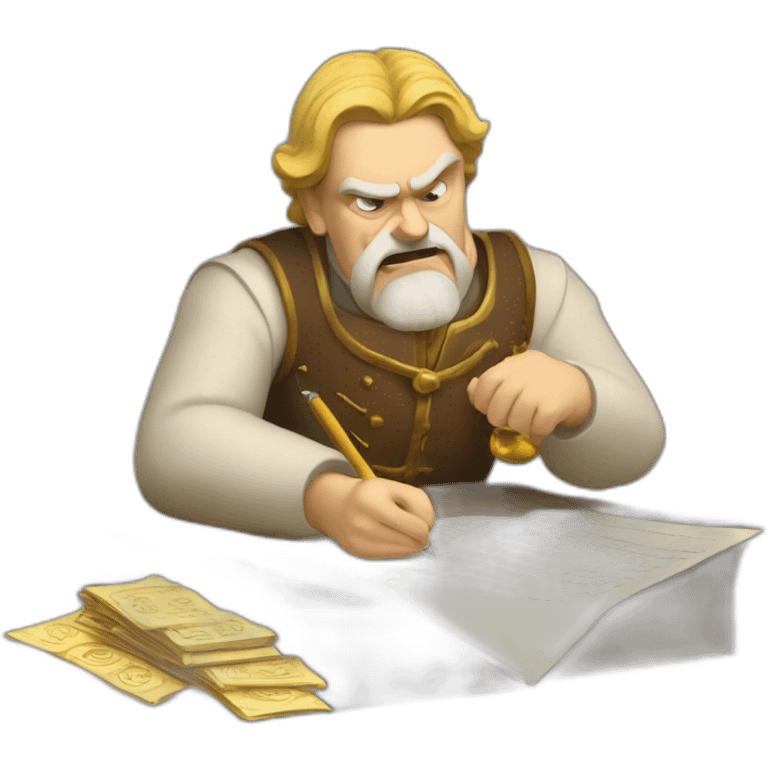 middle ages taxman, angry, writing on a paper, pile of gold emoji