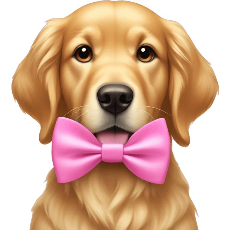 Golden retriever wearing a pink bow on his ear and a pink bow tie emoji