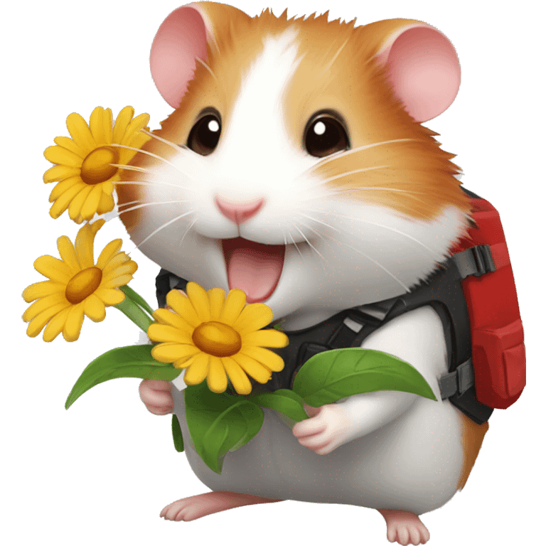 A red-haired hamster laughing with a flower in a cyber vest emoji