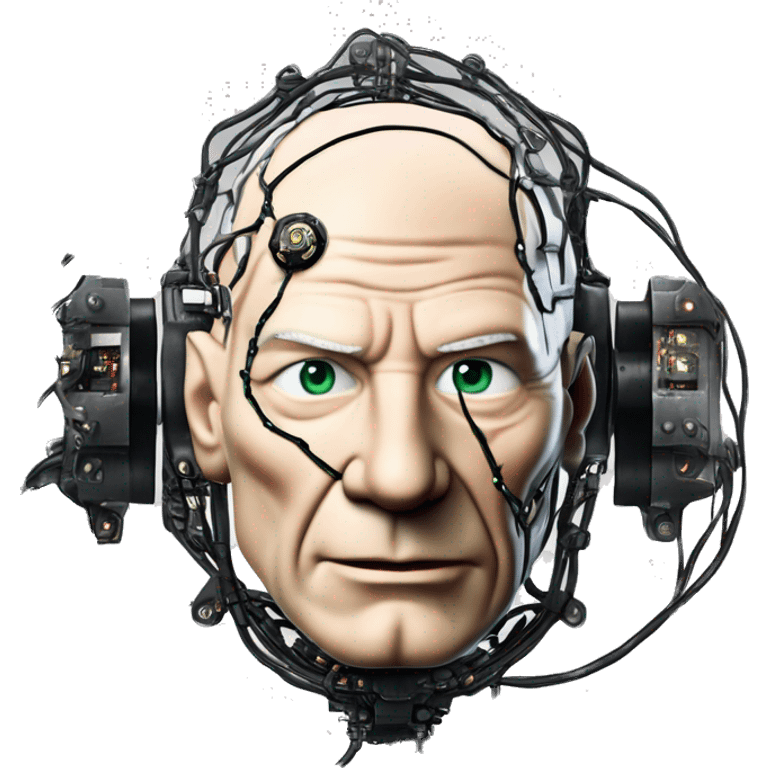 Jean luc picard from Star Trek assimilated by the Borg, with mechanical metal covering the left side of his face, with wires and a red light on the side emoji