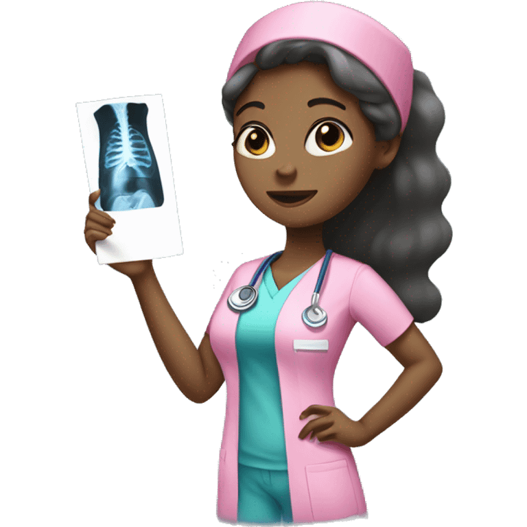 Black girl in pink scrubs looking at an arm X-ray  emoji