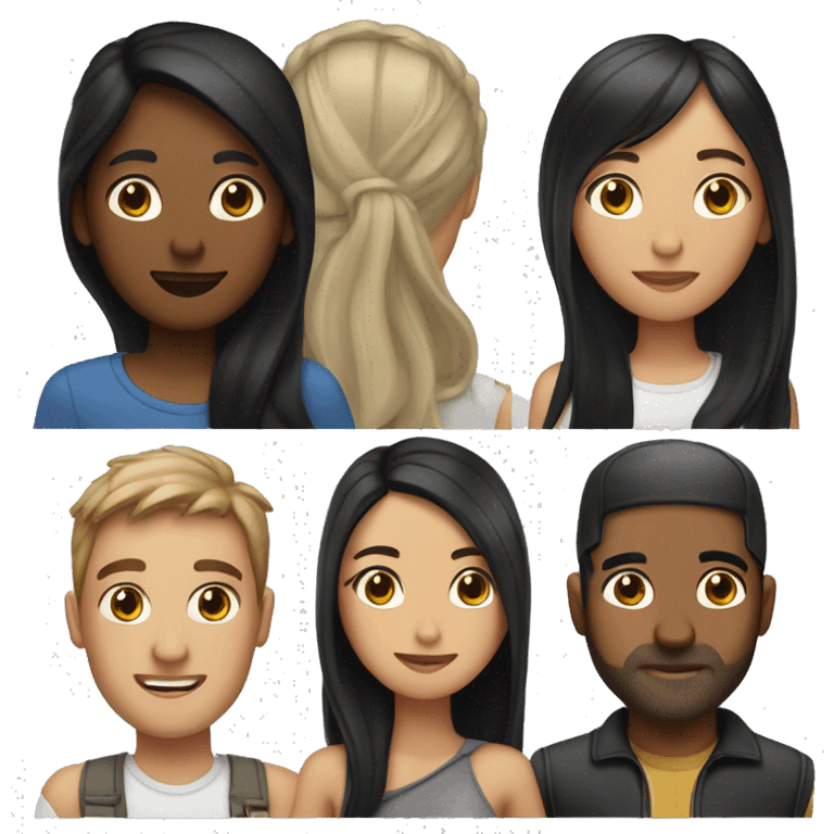 woman with long black hair, another with  california highlights hair, another with long black hair and a cap, and a man with short black hair   emoji