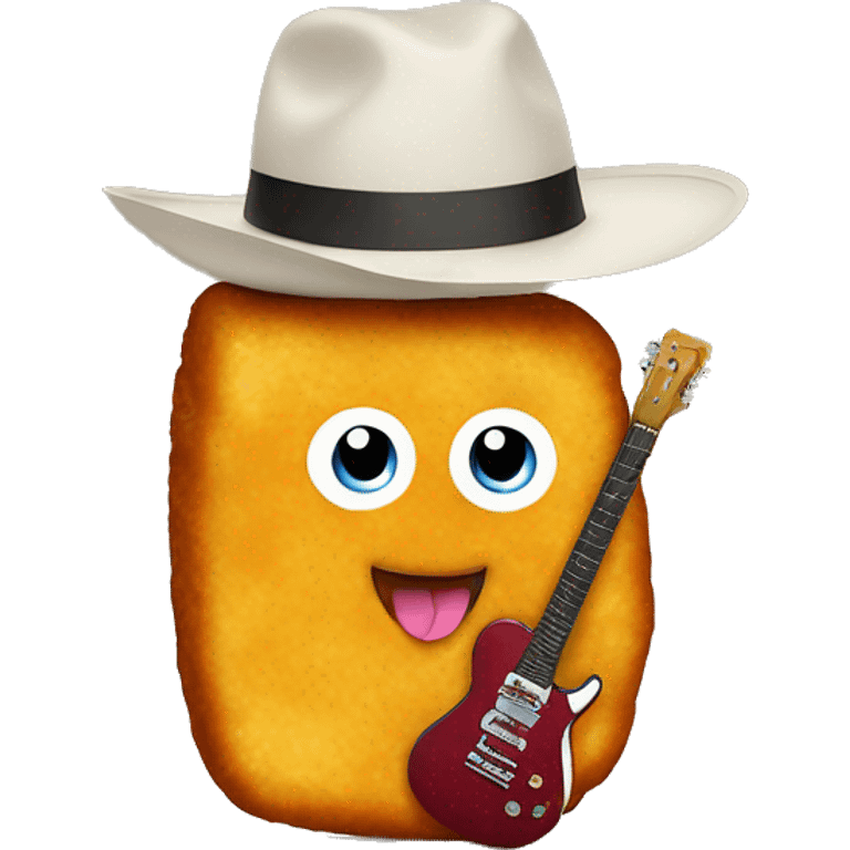 chicken nugget with a face a cow by hat and a guitar emoji