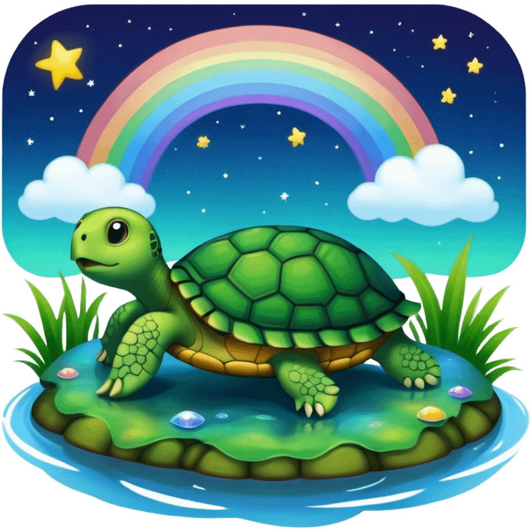 Turtle in pond with night sky and rainbow emoji