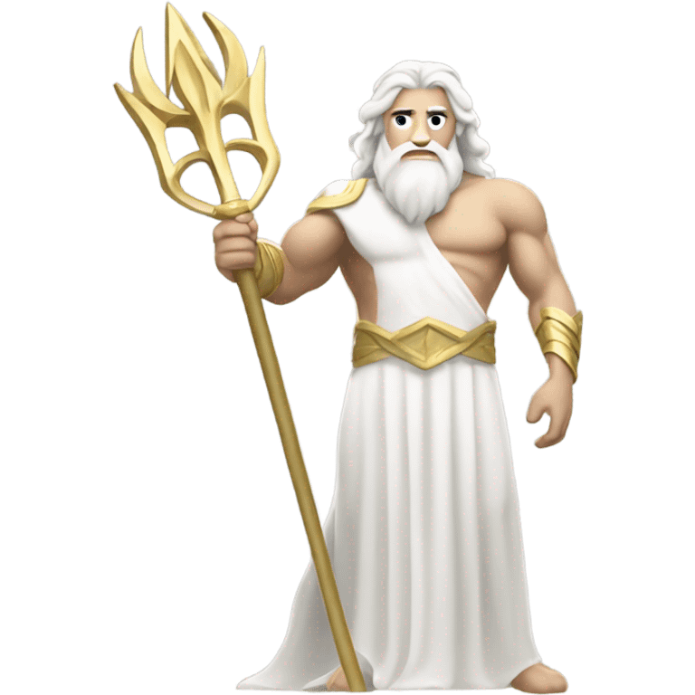 white Poseidon with gold Trident. long white hair white dress. show biceps muscle emoji