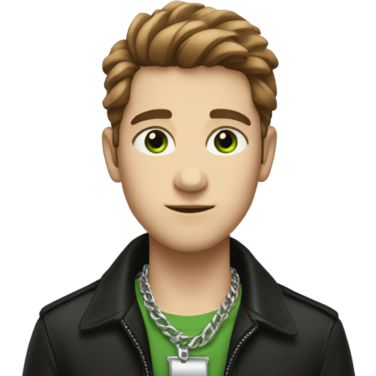 Brown luscious hair for a boy with a black jacket and silver chain across neck, green eyes emoji