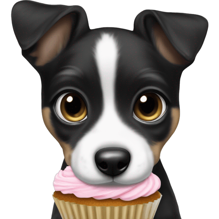 Cute big eyed Black and white girl teddy Roosevelt terrier puppy runt (no brown) eating a cupcake emoji