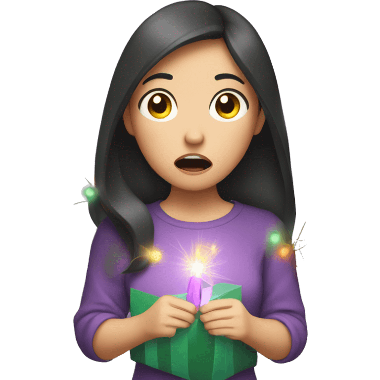 Asian girl shocked while holding Christmas lights emoji