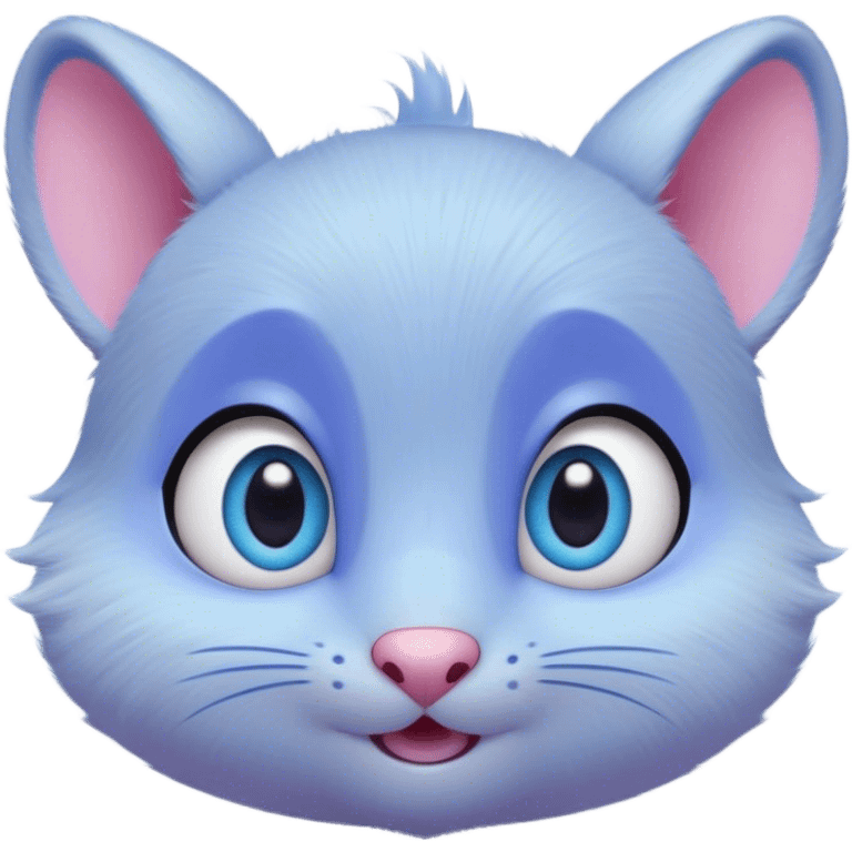 A creature with pastel purple fur and large pixar blue eyes and very small ears like a teddy bear. The nose is just a very small pink oval. The base around the eyes, eyebrows, nose and mouth is white, blushing. emoji