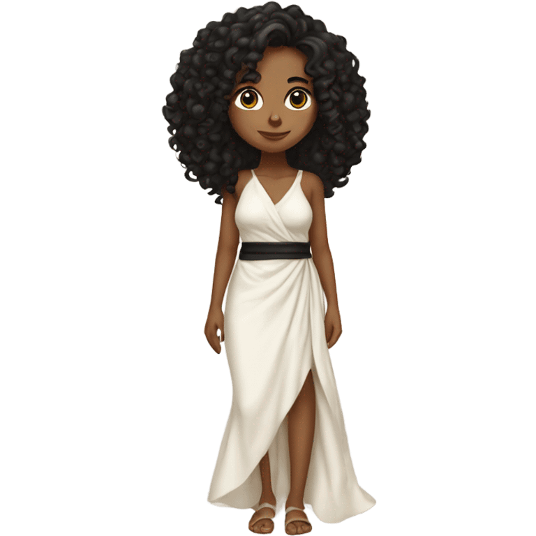 Tan girl with black long curly hair and white wrap around dress full body emoji