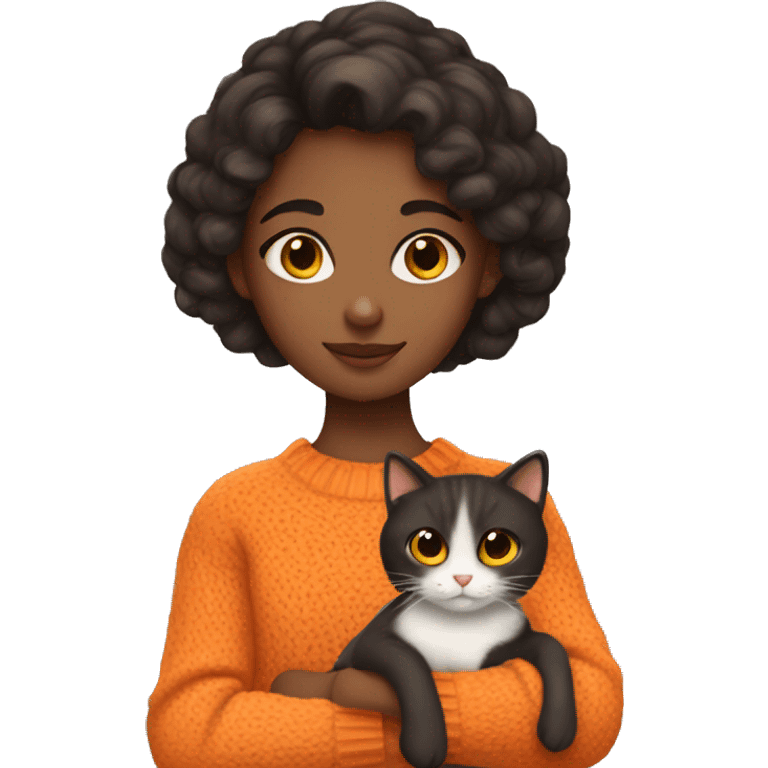 Dark brunette girl holding orange cat with sweater and hazel eyes emoji