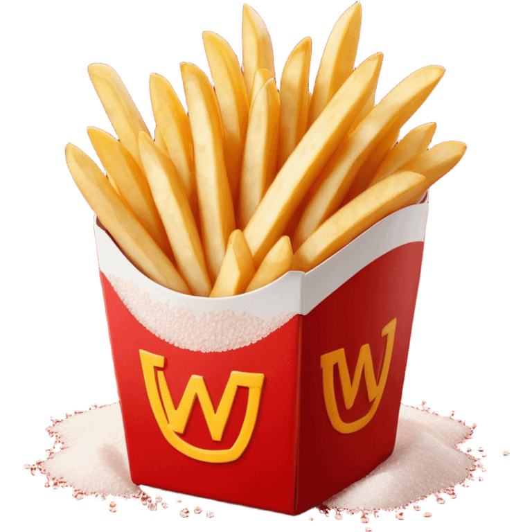 Cinematic crispy golden French fries, piled high, sprinkled with salt, served in a red carton, warm and inviting, rich golden hues, perfectly crunchy and delicious. emoji