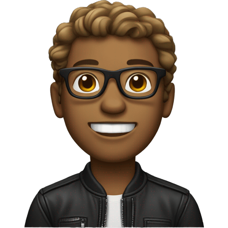 programmer, with light brown skin, square glasses, wavy hair, wearing a black leather jacket and smiling (show teeth.) emoji