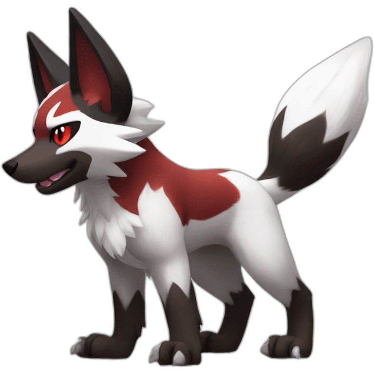 midnight lycanroc pokemon, bipedal, fullbody, standing on hind paws, black white and red fur emoji