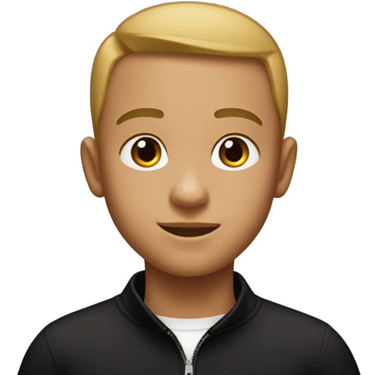 boy with light tanned skin, buzz cut, no facial hair, wearing a smart black quarter zip jumper with white t shirt underneath. emoji