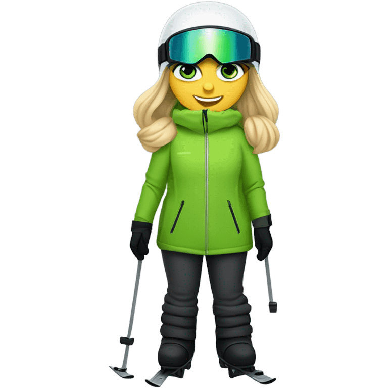 Green-eyed, fat female skier with medium-length straight blonde hair no curls, snow goggles on top of helmet, white ski helmet, gray snow jacket, green ski gloves, long black pants rolled up at the bottom, black only snow boots standing tall. emoji