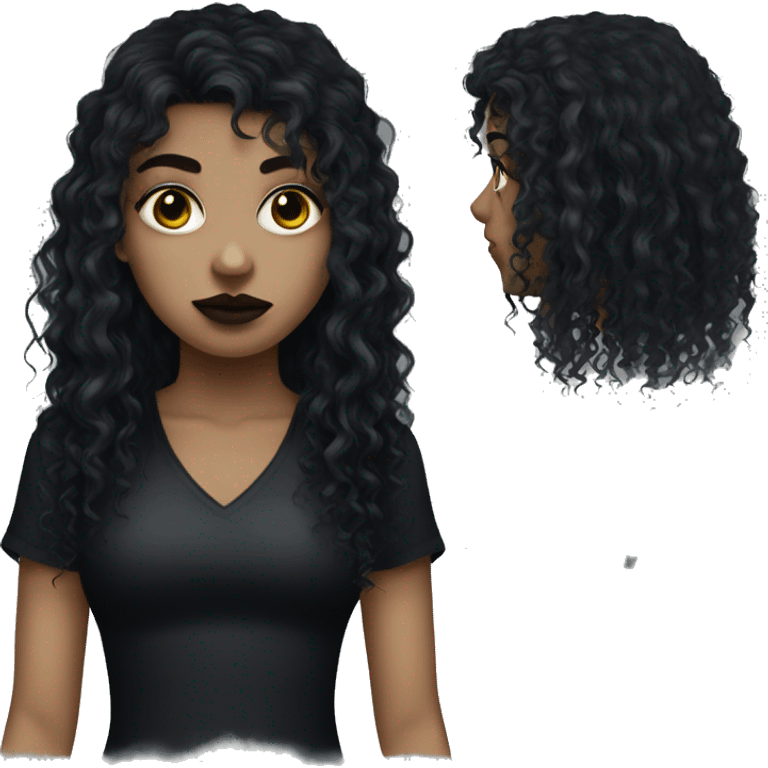 Goth girl with black eyes and a black curly mullet emoji