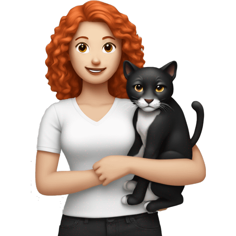 Red haired woman holding 1 black and white super big cat emoji