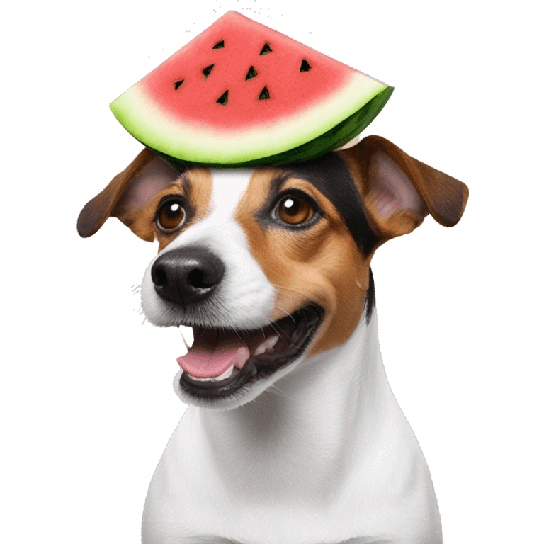 a jack russel with a watermelon on his head making a helmet of himself emoji