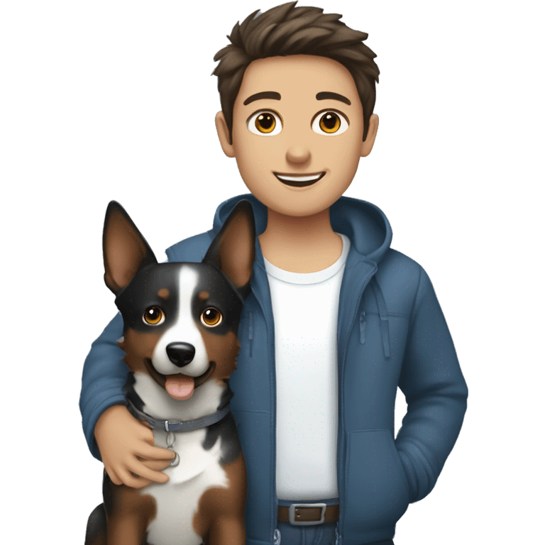 brunette girl with brunette boy with a blue heeler emoji