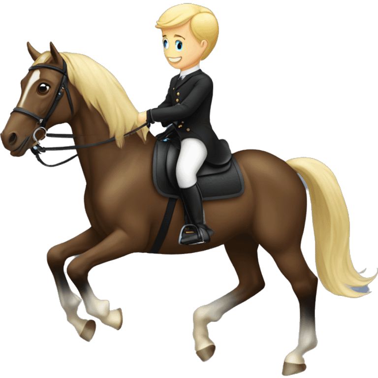 A blonde boy riding a black dressage horse emoji