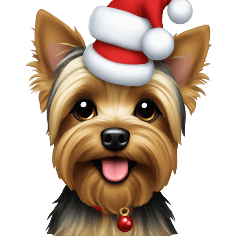 Yorkie mix dressed for Christmas emoji