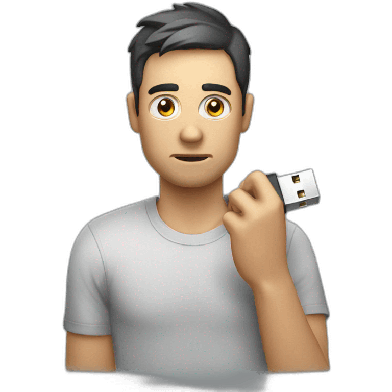 Man holding broken USB cable in his hand. Unhappy emoji